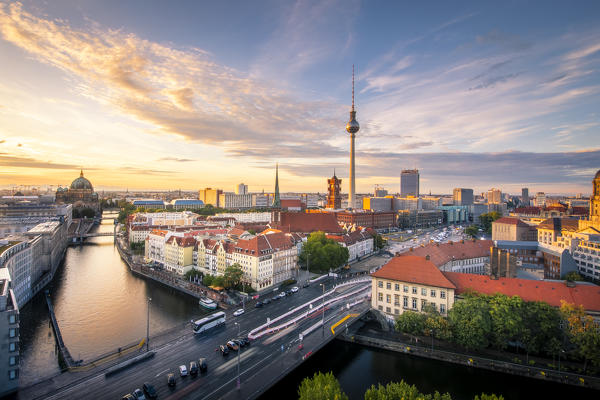 High view of Berlin Mitte district during sunset, with Fernsehturm tower. Mitte, Berlin, Germany
