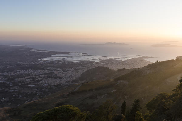 Panoramic view of Trapani city and its salt flats, as seen from Erice Mount. Trapani province, Sicily, 
Italy