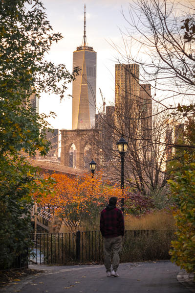 The Liberty Tower and Brooklyn Bridge from Dumbo district, in Brooklyn. Manhattan, New York City, USA