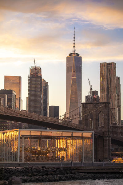 The Liberty Tower and Brooklyn Bridge from Dumbo district, in Brooklyn. Manhattan, New York City, USA