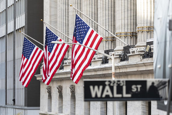 External view of Wall Street and New York Stock Exchange. Manhattan, New York, USA
