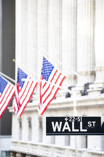 External view of Wall Street and New York Stock Exchange. Manhattan, New York, USA