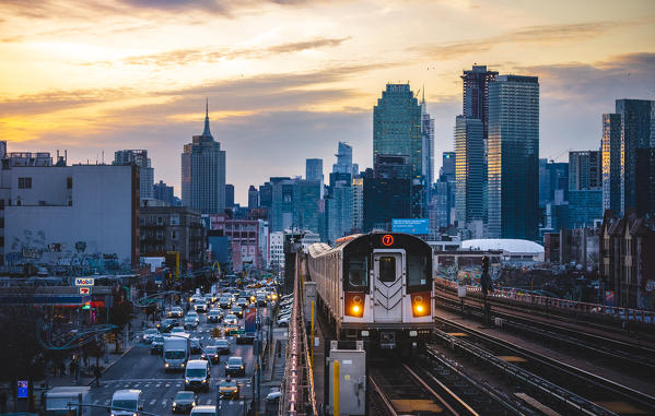 View of Manhattan from Queens train station, Manhattan, New York City, USA