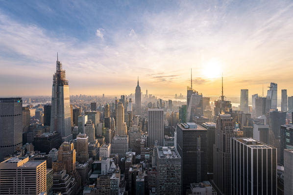 New York city Skyline with Empire State Building and Liberty Tower during sunset, from Top Of The Rock Building. 
