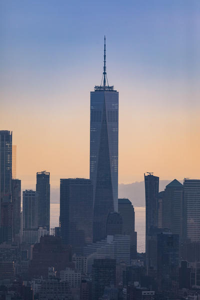 Close up view of Liberty Tower and New York city Skyline during sunset, from Top Of The Rock Building. 