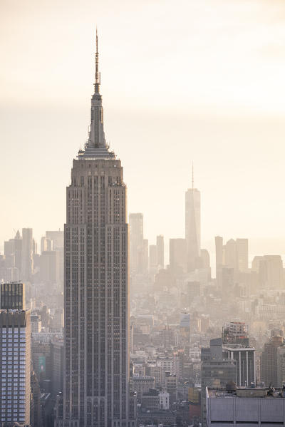 New York city Skyline with Empire State Building and Liberty Tower during sunset, from Top Of The Rock Building. 