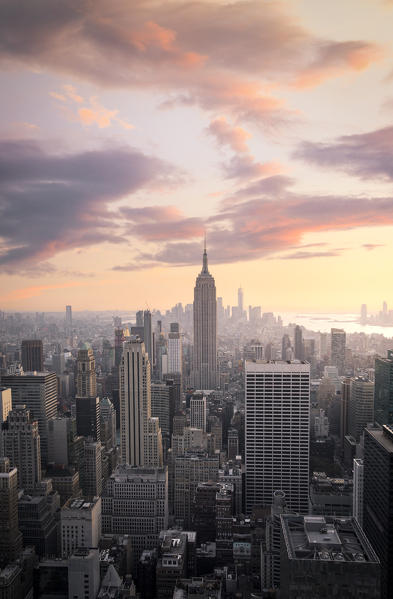 New York city Skyline with Empire State Building and Liberty Tower during sunset, from Top Of The Rock Building. 