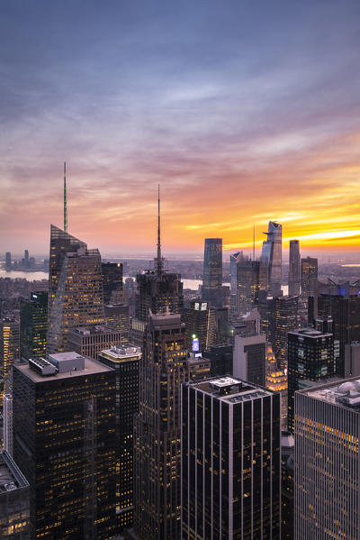 New York city Skyline with Hudson Yards during sunset, from Top Of The Rock Building. 