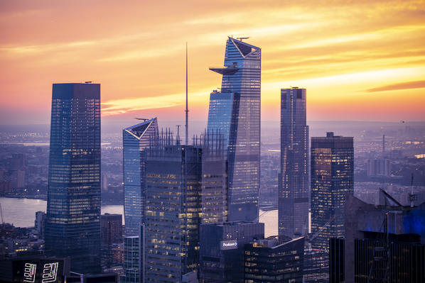 New York city Skyline with Hudson Yards during sunset, from Top Of The Rock Building. 