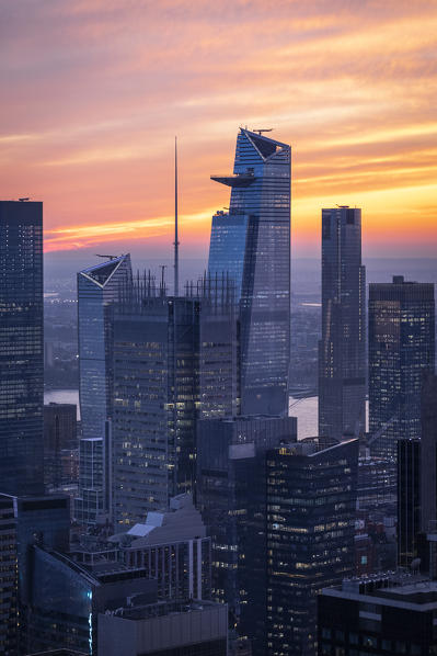 New York city Skyline with Hudson Yards during sunset, from Top Of The Rock Building. 