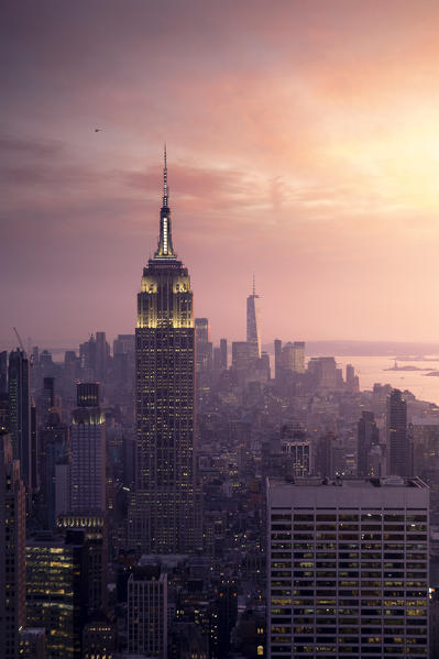 New York city Skyline with Empire State Building and Liberty Tower during sunset, from Top Of The Rock Building. 