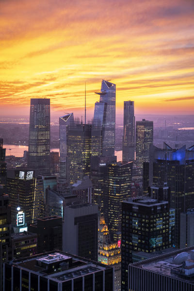 New York city Skyline with Hudson Yards during sunset, from Top Of The Rock Building. 