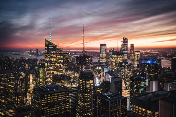 New York city Skyline during sunset, from Top Of The Rock Building.  New York, USA.