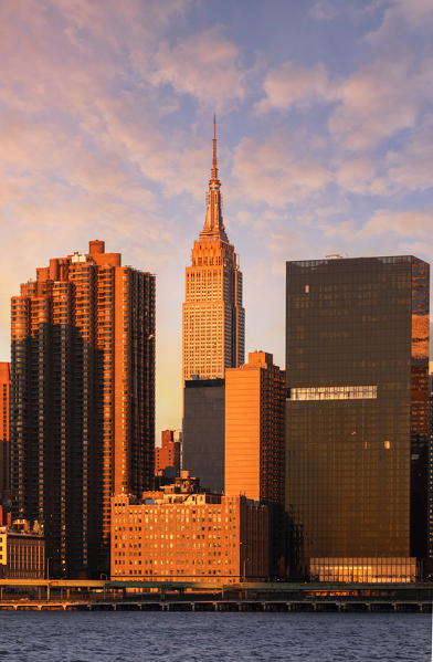 New York City Skyline from Queens at sunrise. New York, USA