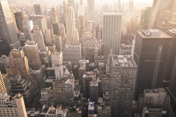 Elevated view of Manhattan during sunset. Manhattan, New York City, USA