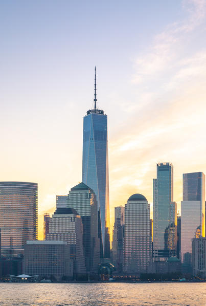 Southern Manhattan skyline, with Liberty Tower, from New Jersey coastline. New York, USA