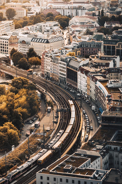 High view of railways near Alexanderplatz in Berlin, Germany