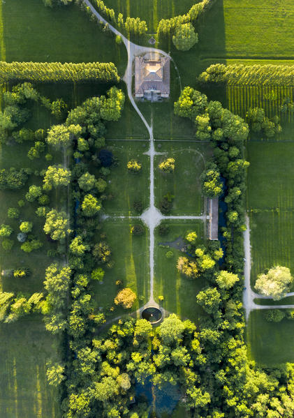 Aerial view of Villa sorra, an ancient house in Gaggio in Piano, Modena province, Emilia Romagna, Italy