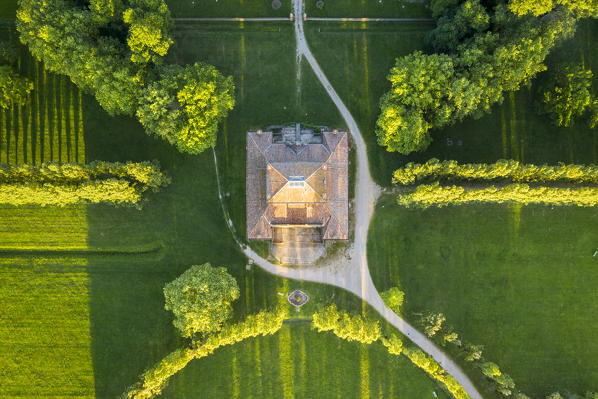 Aerial view of Villa sorra, an ancient house in Gaggio in Piano, Modena province, Emilia Romagna, Italy