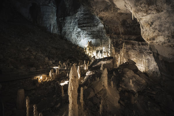 Frasassi caves, stunning rock formations under giant rock caves near Frasassi village, Genga district, Ancona province, Marche, Italy
