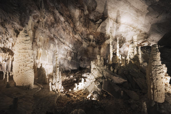 Frasassi caves, stunning rock formations under giant rock caves near Frasassi village, Genga district, Ancona province, Marche, Italy