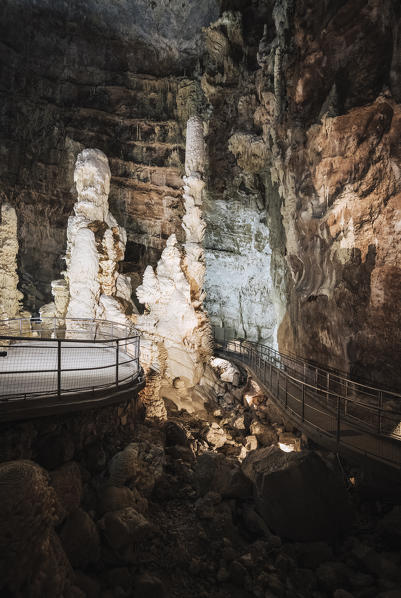 Frasassi caves, stunning rock formations under giant rock caves near Frasassi village, Genga district, Ancona province, Marche, Italy