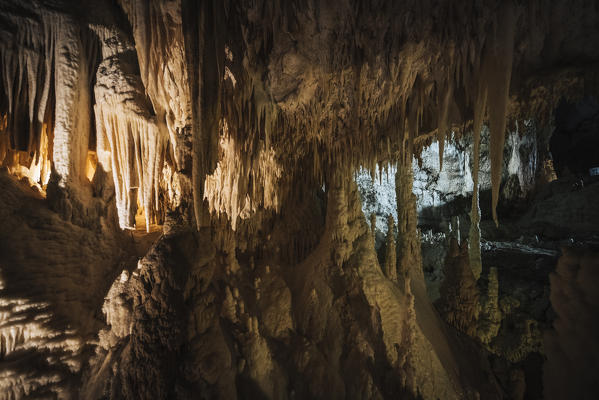 Frasassi caves, stunning rock formations under giant rock caves near Frasassi village, Genga district, Ancona province, Marche, Italy