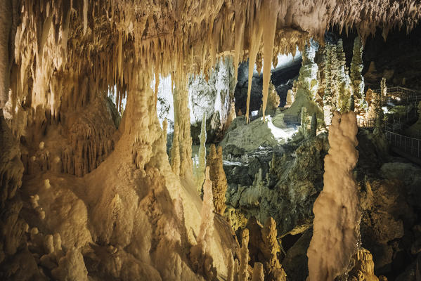 Frasassi caves, stunning rock formations under giant rock caves near Frasassi village, Genga district, Ancona province, Marche, Italy