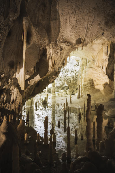 Frasassi caves, stunning rock formations under giant rock caves near Frasassi village, Genga district, Ancona province, Marche, Italy