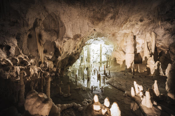 Frasassi caves, stunning rock formations under giant rock caves near Frasassi village, Genga district, Ancona province, Marche, Italy