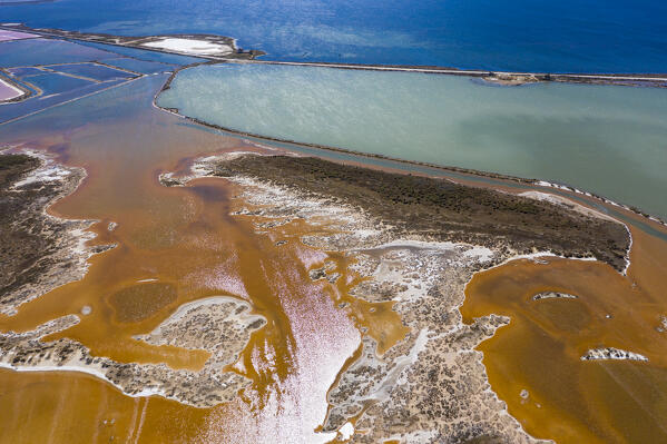 Aerial views of Sant'Antioco saline. Sant'Antioco, Sulcis Iglesiente, Sardegna, Italy