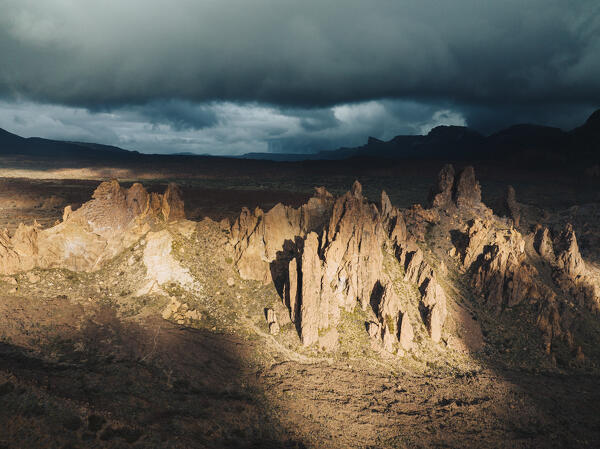 Sunrise view of Teide volcano caldera and Roques de Garcia. Tenerife, Canary islands, Spain.