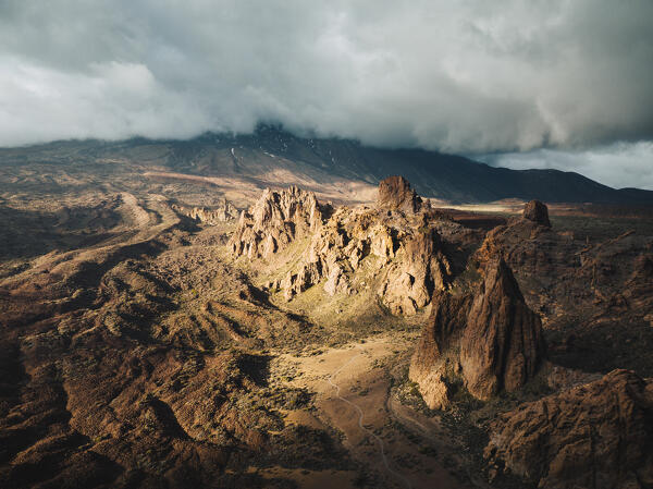 Sunrise view of Teide volcano caldera and Roques de Garcia. Tenerife, Canary islands, Spain.