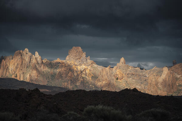 Sunrise view of Teide volcano caldera and Roques de Garcia. Tenerife, Canary islands, Spain.