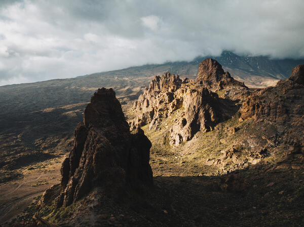 Sunrise view of Teide volcano caldera and Roques de Garcia. Tenerife, Canary islands, Spain.