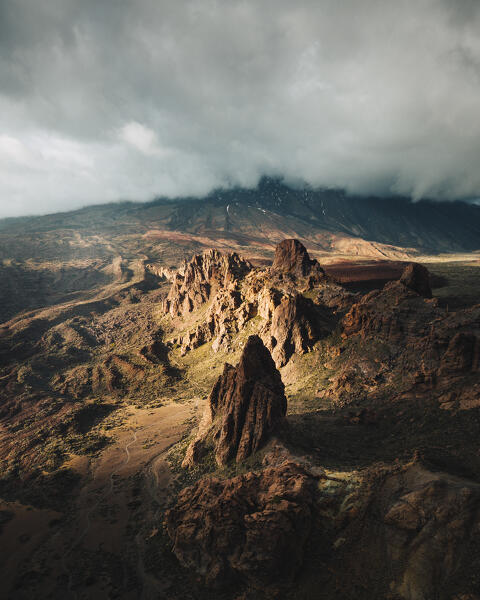 Sunrise view of Teide volcano caldera and Roques de Garcia. Tenerife, Canary islands, Spain.