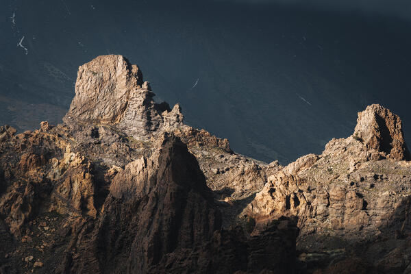 Sunrise view of Teide volcano caldera and Roques de Garcia. Tenerife, Canary islands, Spain.