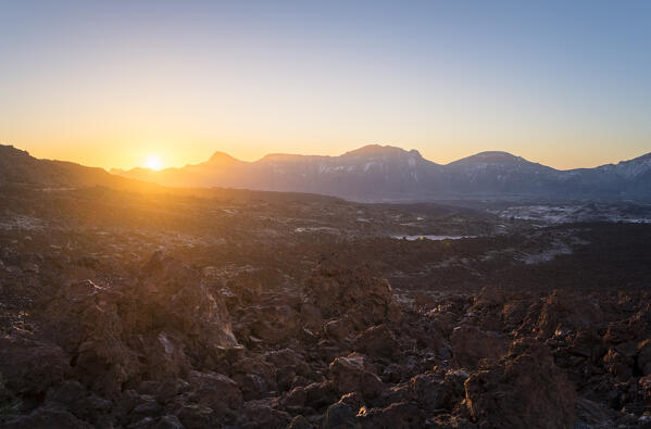 Sunrise view of Teide volcano caldera and Roques de Garcia. Tenerife, Canary islands, Spain.