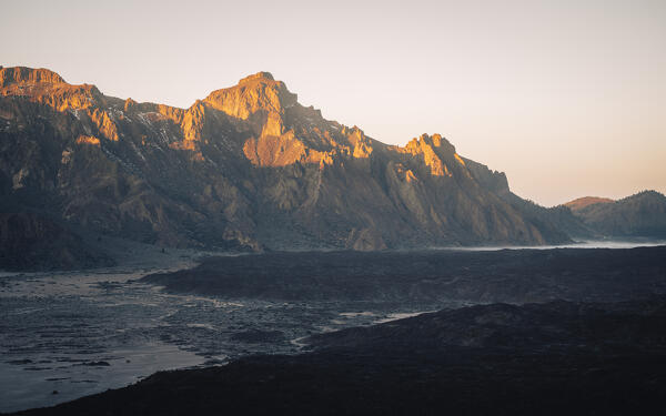 Sunrise view of Teide volcano caldera and Roques de Garcia. Tenerife, Canary islands, Spain.