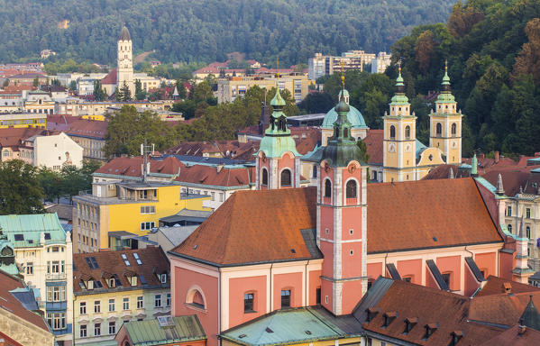 Elevated view of Ljubljiana old town, with the Franciscan Annunciation church. Ljubljiana, Osrednjeslovenska, Slovenia.