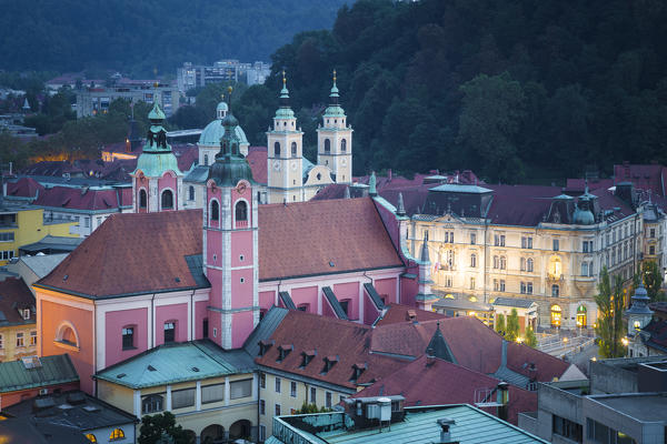 Elevated view of Ljubljiana old town, with the Franciscan Annunciation church. Ljubljiana, Osrednjeslovenska, Slovenia.