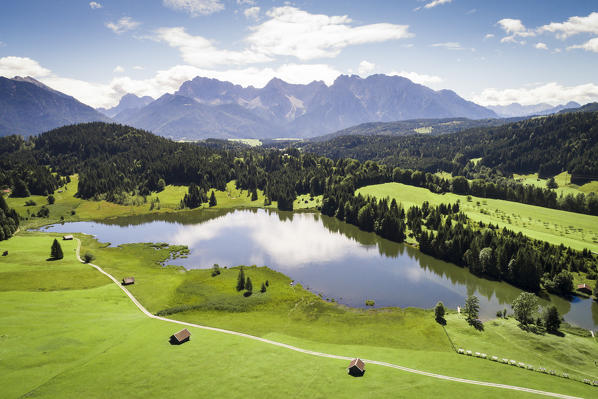 Aerial view of Geroldsee, Garmisch Partenkirchen, Bayern Alps, Germany 