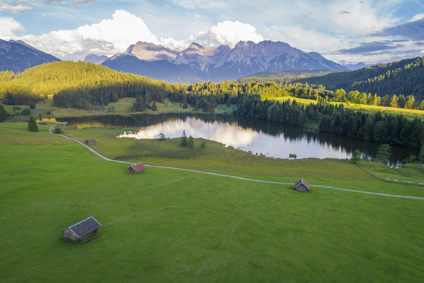 Aerial view of Geroldsee, Garmisch Partenkirchen, Bayern Alps, Germany