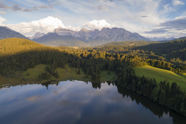 Aerial view of Geroldsee, Garmisch Partenkirchen, Bayern Alps, Germany
