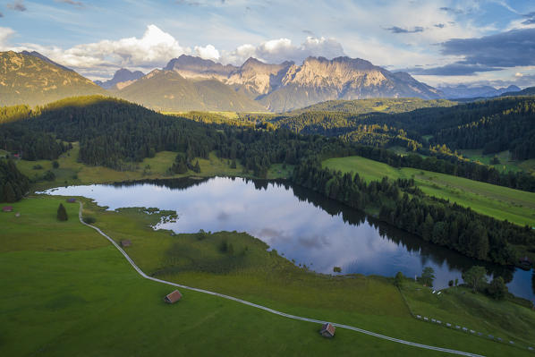 Aerial view of Geroldsee, Garmisch Partenkirchen, Bayern Alps, Germany