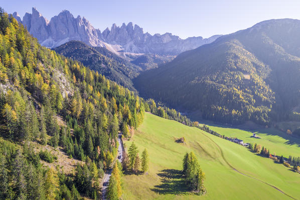 Funes Valley with San Giovanni ranui Church. Puez Odle Natural Park, South Tyrol, Italy