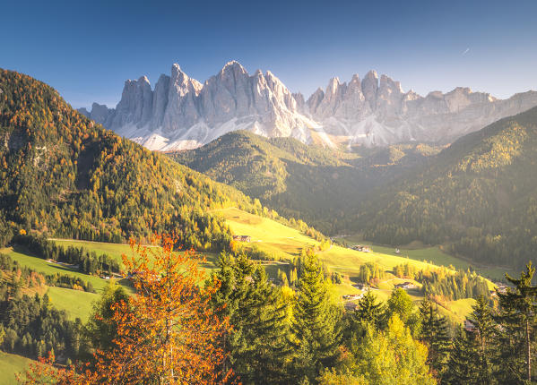 The village of Santa Magdalena with the Odle Group on the background. Funes Valley, Bolzano Province, Trentino Alto Adige, Italy  