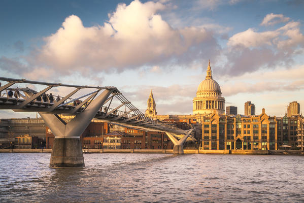 St Paul cathedral and the Millennium Bridge. London city, London, United Kingdom.