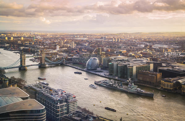 The Tower bridge, the London city Hall and Thames river from above. London, United Kingdom.