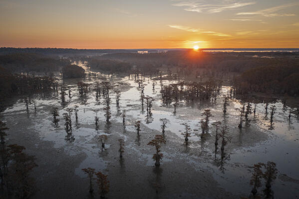 Aerial view of Lake Caddo, Texas, at sunrise